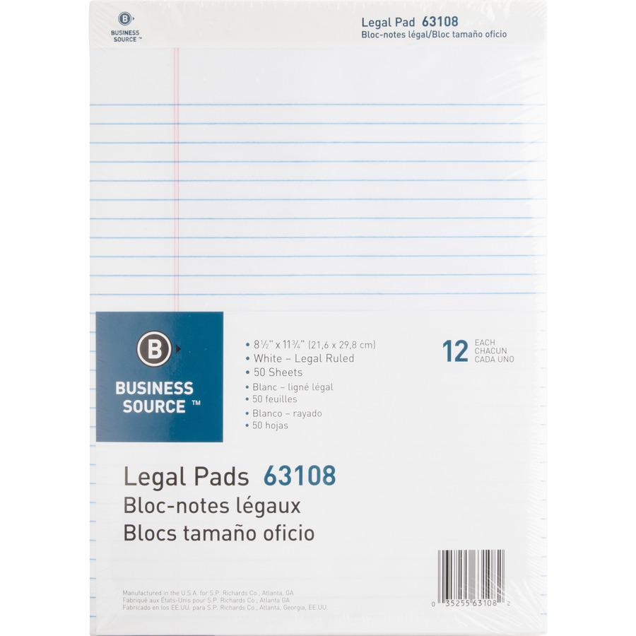 Business Source Micro-Perforated Legal Ruled Pads - 50 Sheets - 0.34" Ruled - 16 lb Basis Weight - 8 1/2" x 11 3/4" - White Paper - Micro Perforated, Easy Tear, Sturdy Back - 1 Dozen. Picture 2
