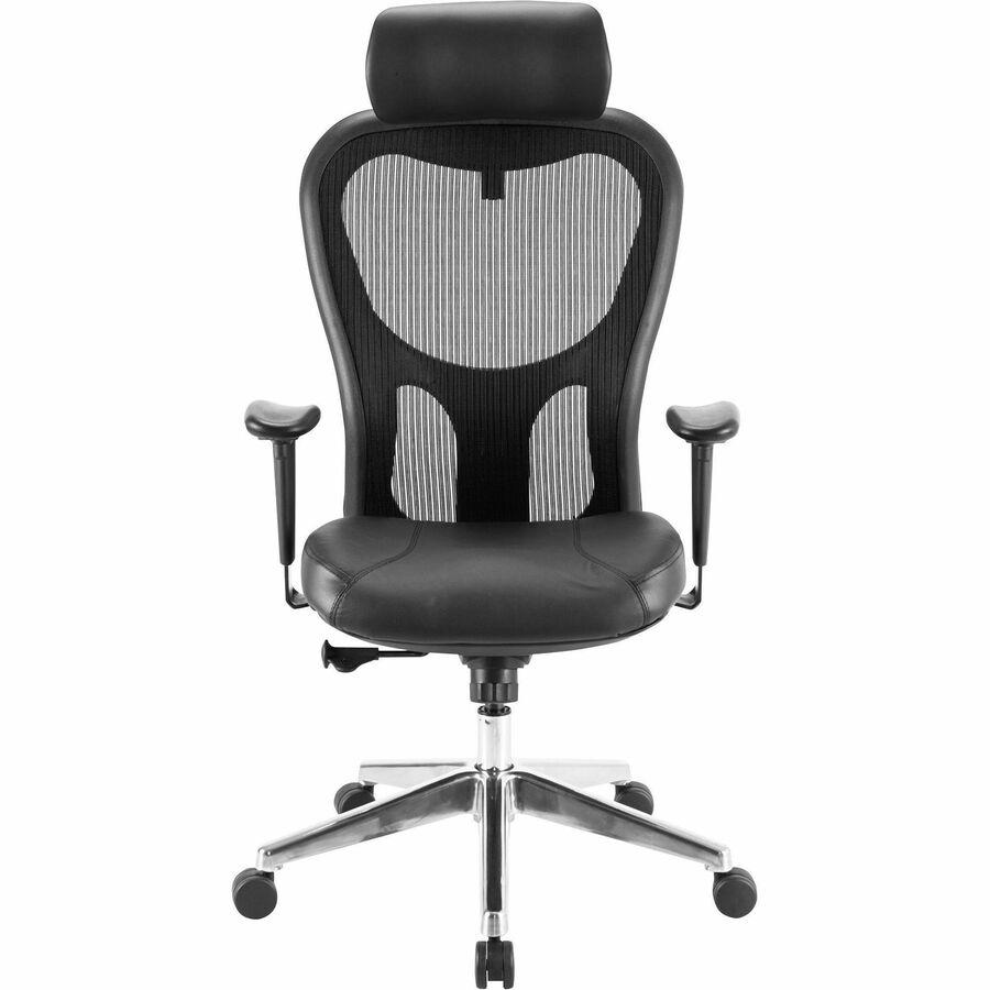 Lorell High Back Executive Chair - Black Leather Seat - Aluminum Frame - 5-star Base - 1 Each. Picture 3