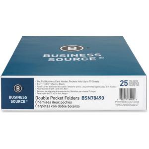 Business Source Letter Recycled Pocket Folder - 8 1/2" x 11" - 100 Sheet Capacity - 2 Inside Front & Back Pocket(s) - Paper - Black - 35% Recycled - 25 / Box. Picture 2
