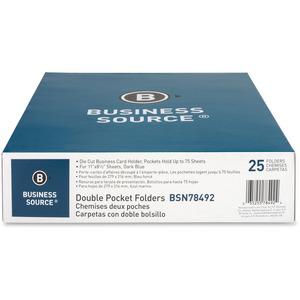 Business Source Letter Recycled Pocket Folder - 8 1/2" x 11" - 100 Sheet Capacity - 2 Inside Front & Back Pocket(s) - Paper - Dark Blue - 35% Recycled - 25 / Box. Picture 4