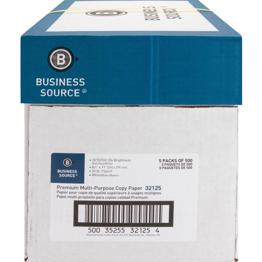 Business Source Premium Multipurpose Copy Paper - Letter - 8 1/2" x 11" - 20 lb Basis Weight - 2500 / Carton - White. Picture 5