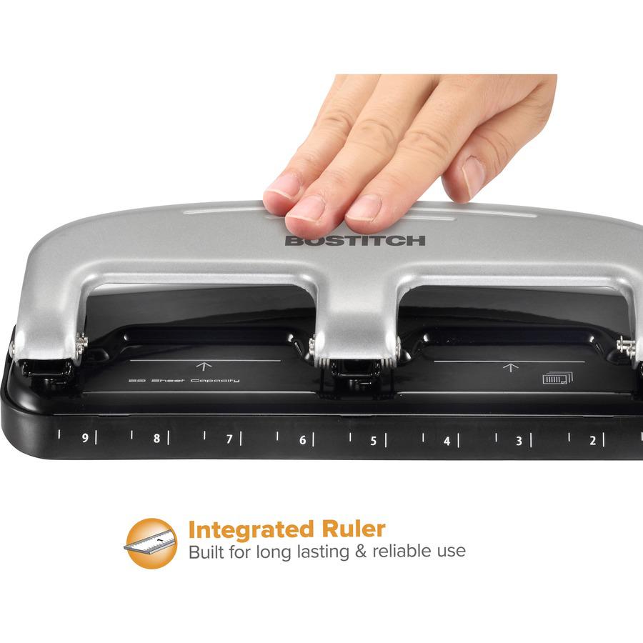 Bostitch EZ Squeeze&trade; 20 Three-Hole Punch - 3 Punch Head(s) - 20 Sheet - 9/32" Punch Size - 4.4" x 2" - Black, Silver. Picture 4