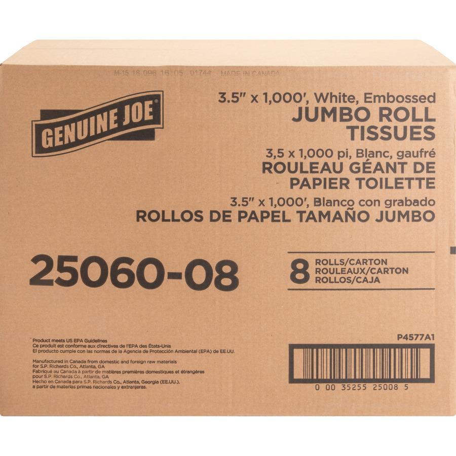 Genuine Joe Jumbo Dispenser Roll Bath Tissue - 2 Ply - 3.50" x 1000 ft - 9" Roll Diameter - 3.30" Core - White - 8 / Carton. Picture 4