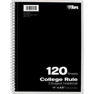 TOPS 3 - subject College Ruled Notebook - Letter - 120 Sheets - Wire Bound - Letter - 8 1/2" x 11" - 0.25" x 8.5" x 11" - Assorted Paper - Black, Red, Blue, Green, Purple Cover - Divider, Perforated -. Picture 3