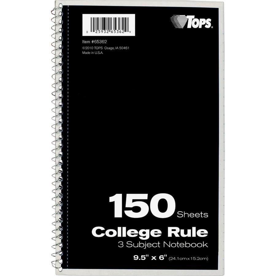 TOPS 3-subject College Ruled Notebook - 150 Sheets - Wire Bound - 9 1/2" x 6" - 13" x 7.5" x 9.8" - Bright White Paper - Black, Red, Blue, Green, Purple Cover - Divider, Perforated - 1 Each. Picture 2