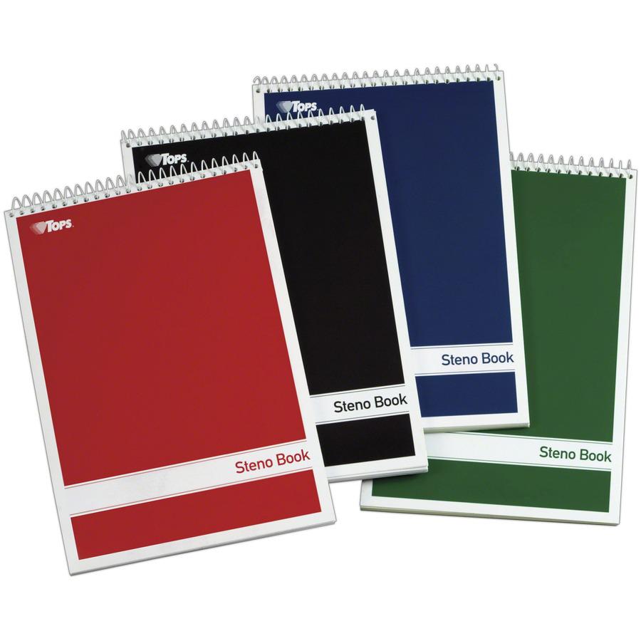 TOPS Gregg-ruled Steno Book - 80 Sheets - Wire Bound - 15 lb Basis Weight - 6" x 9" - 9" x 6" - Green Tint Paper - Red, Green, Black, Blue Cover - Durable Cover, Rigid, Acid-free - 4 / Pack. Picture 2