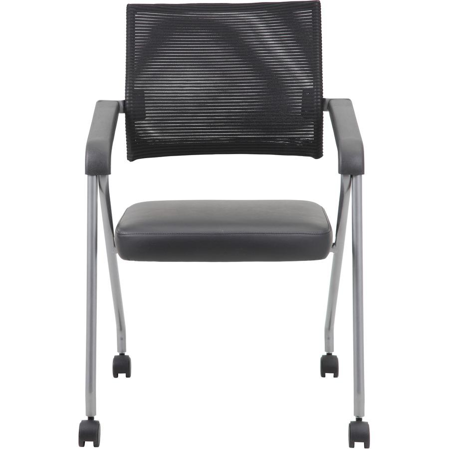 Boss Caressoft Plus Training Chair - Black Vinyl Seat - Black Mesh Back - Pewter Frame - Four-legged Base - Armrest - 2 / Carton. Picture 3