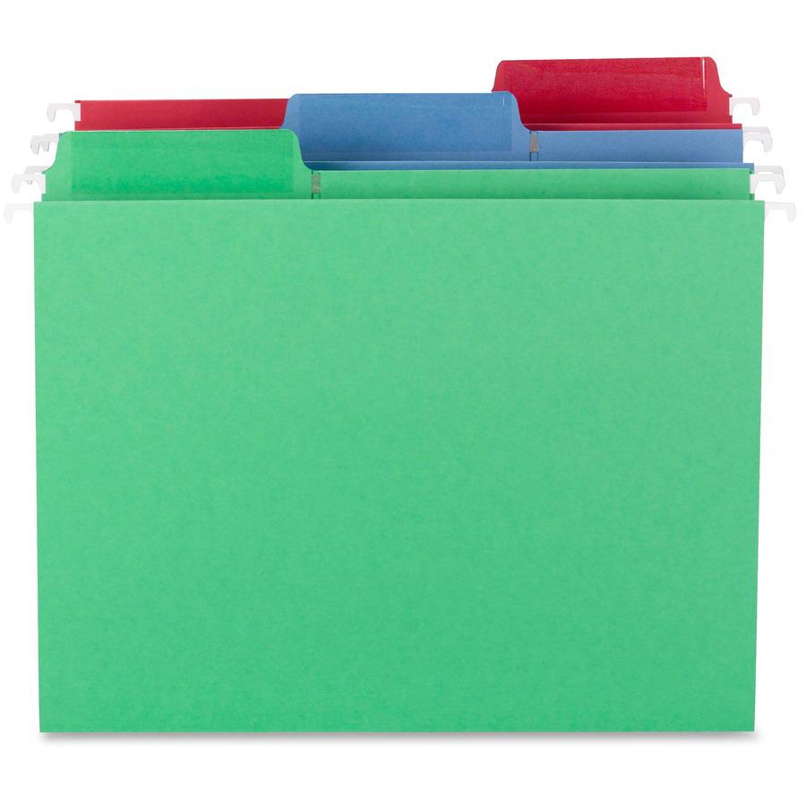 Smead FasTab 1/3 Tab Cut Letter Recycled Hanging Folder - 8 1/2" x 11" - Top Tab Location - Assorted Position Tab Position - Blue, Green, Red - 10% Paper Recycled - 18 / Box. Picture 13