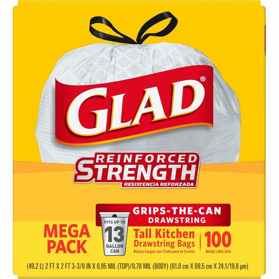 Glad ForceFlex Tall Kitchen Drawstring Trash Bags - 13 gal Capacity - 24" Width x 27" Length - 9 mil (229 Micron) Thickness - Drawstring Closure - White - Plastic - 100/Box - Kitchen, Office, Day Care. Picture 5