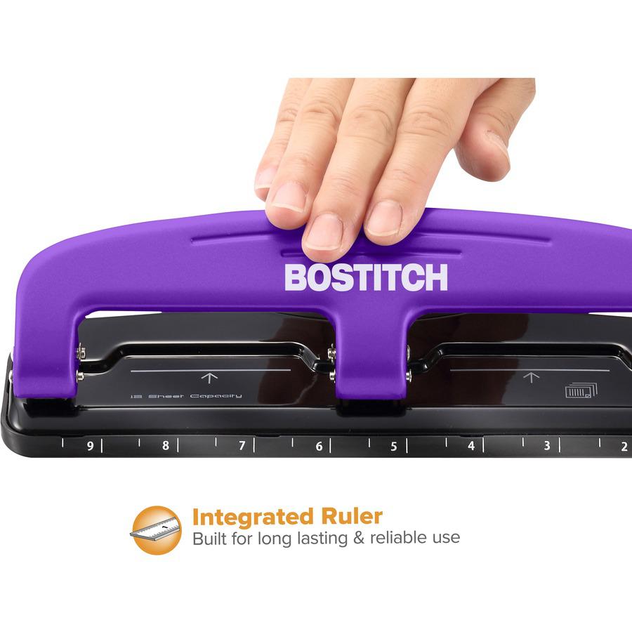 Bostitch EZ Squeeze&trade; 12 Three-Hole Punch - 3 Punch Head(s) - 12 Sheet - 9/32" Punch Size - 3" x 1.6" - Purple, Black. Picture 7