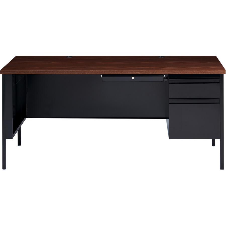 Lorell Fortress Series 66" Right-Pedestal Desk - Laminated Rectangle, Walnut Top - 30" Table Top Length x 66" Table Top Width x 1.13" Table Top Thickness - 29.50" Height - Assembly Required - Black Wa. Picture 4