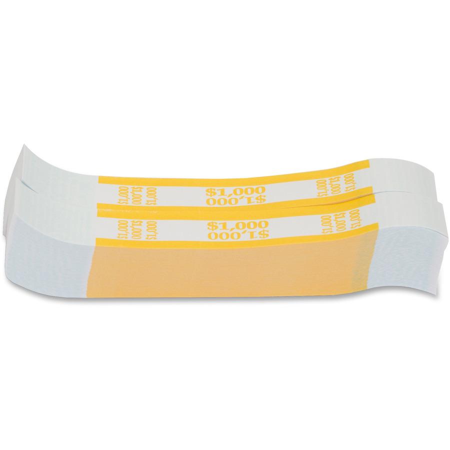 PAP-R Currency Straps - 1.25" Width - Total $1,000 in $10 Denomination - Self-sealing, Self-adhesive, Durable - 20 lb Basis Weight - Kraft - White, Yellow - 1000 / Pack. Picture 5
