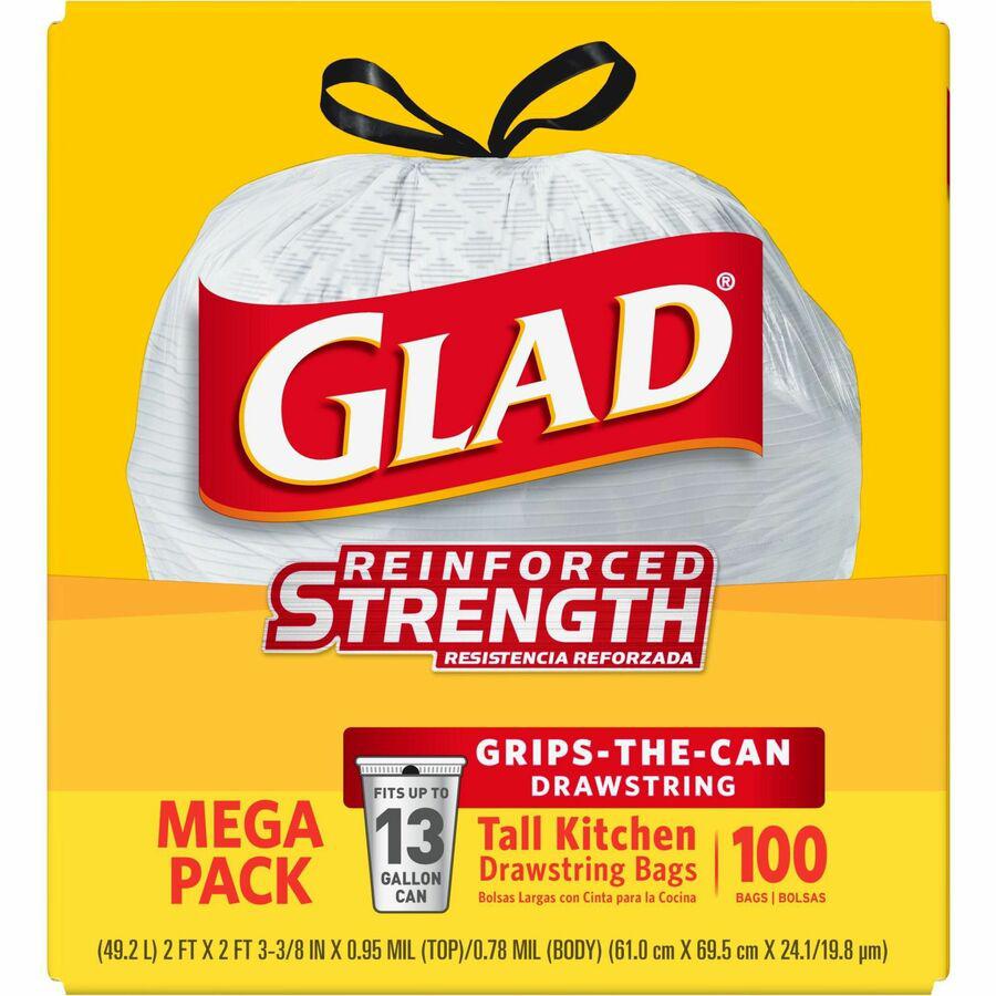 Glad ForceFlex Tall Kitchen Drawstring Trash Bags - 13 gal Capacity - 24" Width x 27" Length - Drawstring Closure - White - Plastic - 4/Carton - 100 Per Box - Kitchen, Office, Day Care, Restaurant, Sc. Picture 5