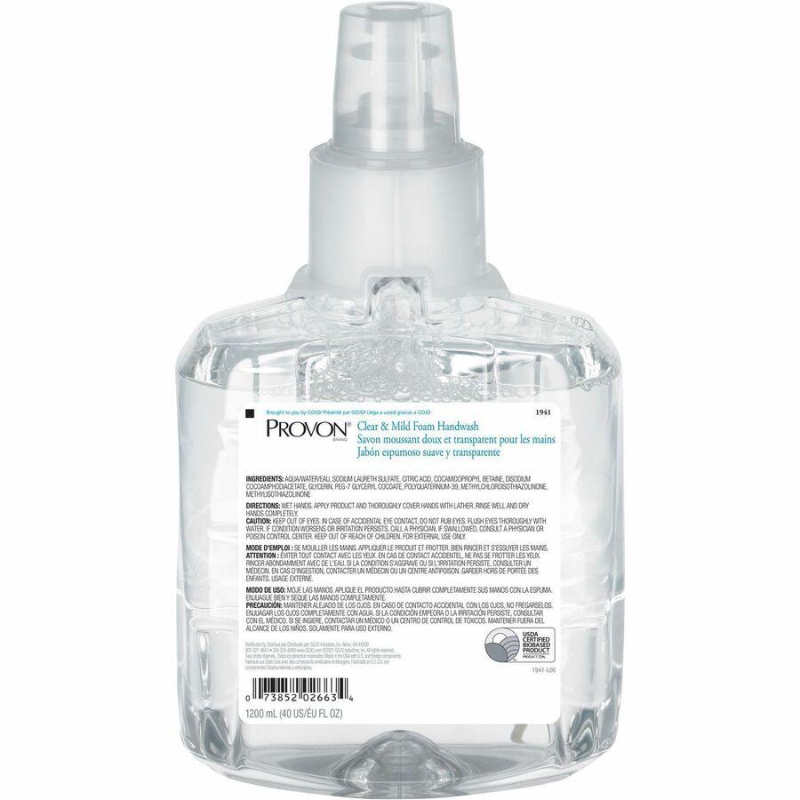 Provon LTX-12 Refill Clear & Mild Foam Handwash - 40.6 fl oz (1200 mL) - Pump Bottle Dispenser - Kill Germs - Skin, Hand - Moisturizing - Clear - Rich Lather, Fragrance-free, Dye-free - 2 / Carton. Picture 4