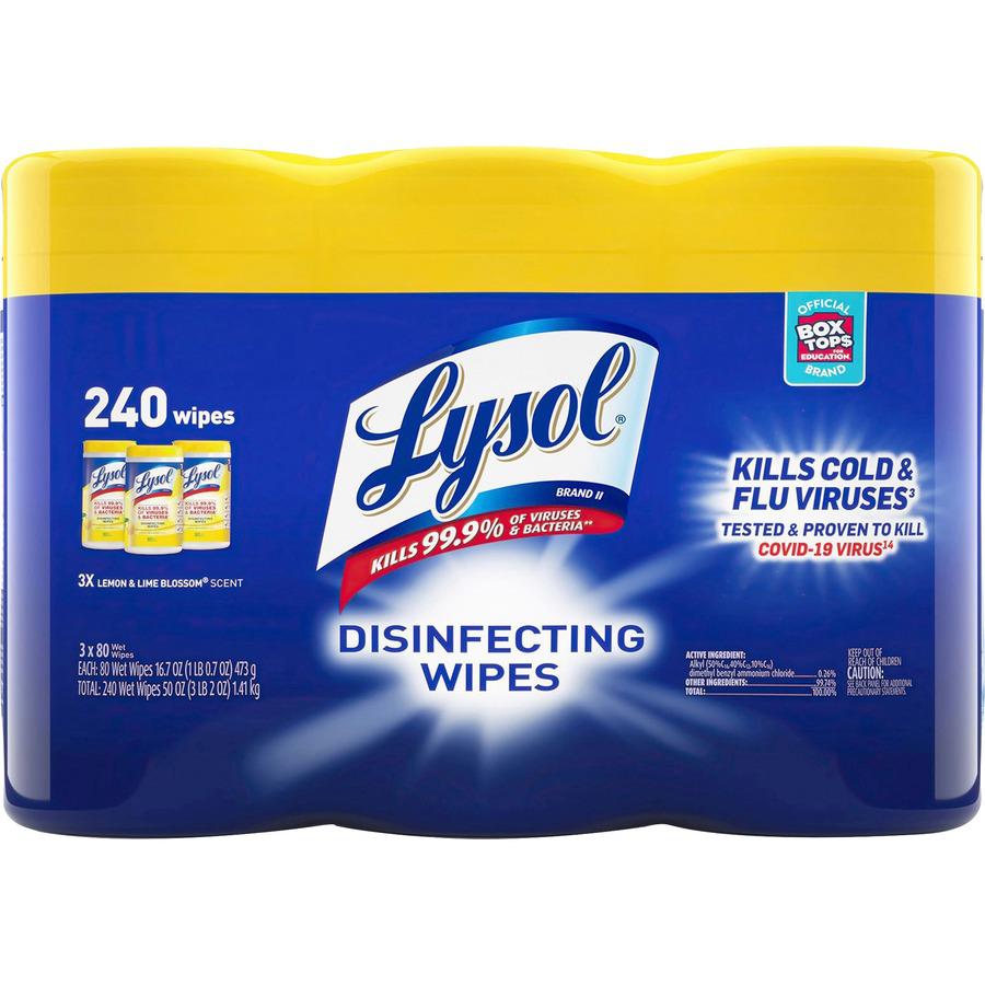 Lysol Lemon/Lime Disinfecting Wipes - Wipe - Lemon, Lime Blossom Scent - 80 / Canister - 6 / Carton - White. Picture 3