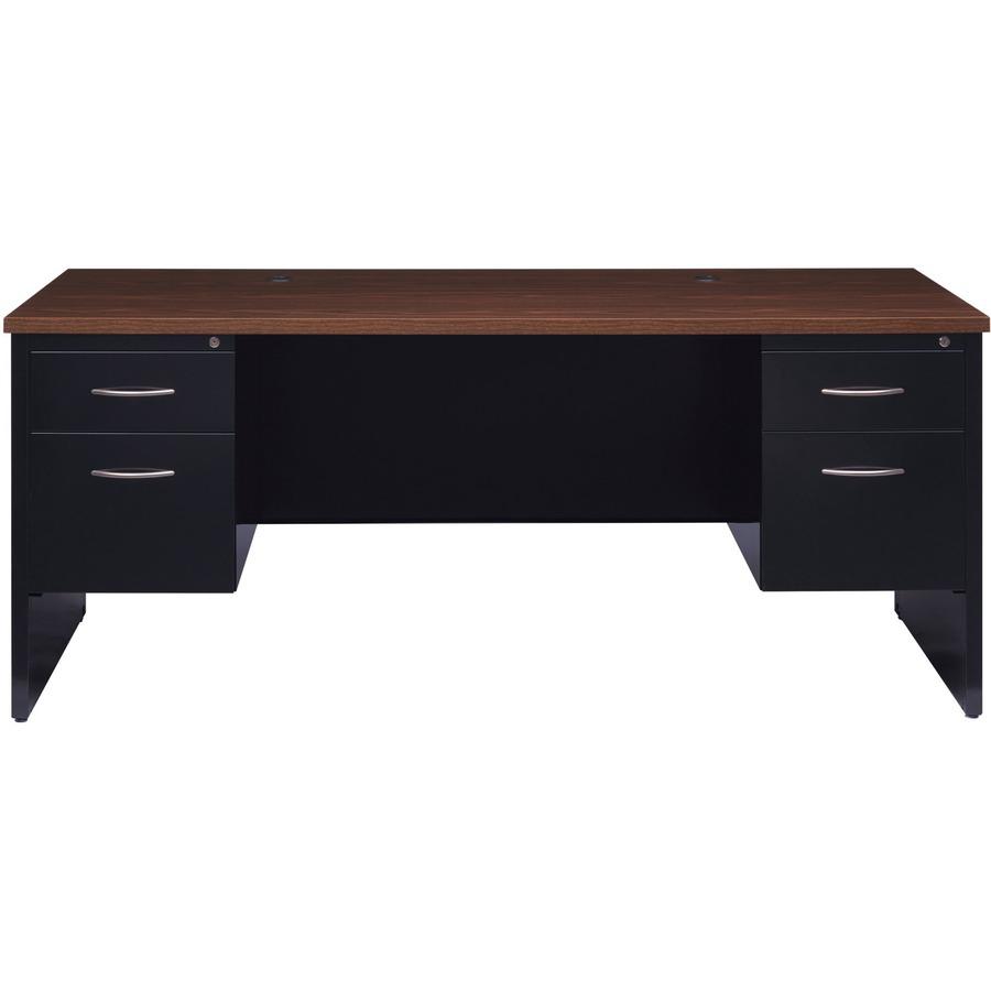 Lorell Fortress Modular Series Double-Pedestal Desk - 72" x 36" , 1.1" Top - 2 x Box, File Drawer(s) - Double Pedestal - Material: Steel - Finish: Walnut Laminate, Black - Scratch Resistant, Stain Res. Picture 4
