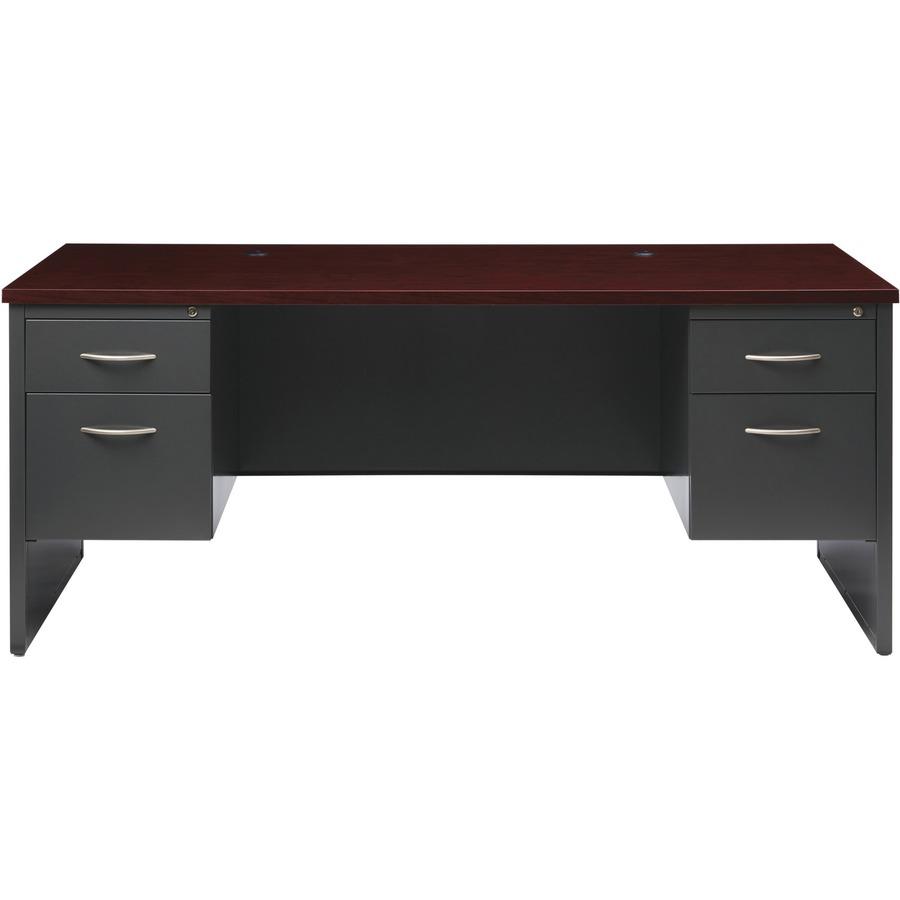 Lorell Mahogany Laminate/Charcoal Modular Desk Series Pedestal Desk - 2-Drawer - 72" x 36" , 1.1" Top - 2 x Box, File Drawer(s) - Double Pedestal - Material: Steel - Finish: Mahogany Laminate, Charcoa. Picture 4