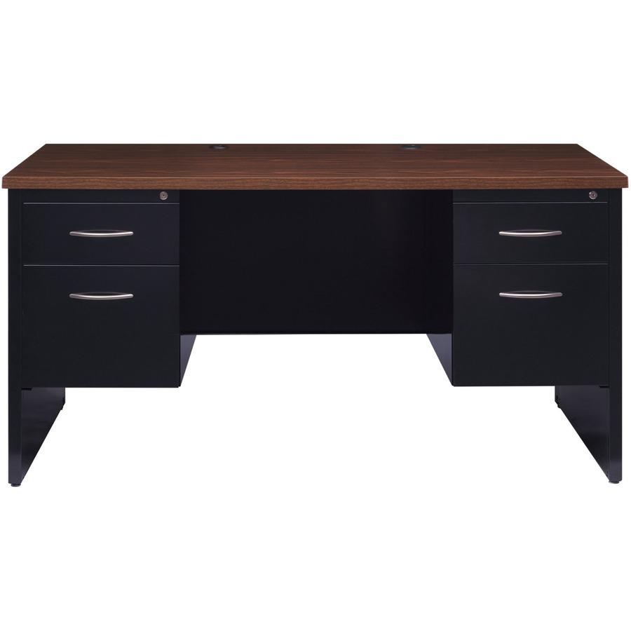 Lorell Fortress Modular Series Double-Pedestal Desk - 60" x 30" , 1.1" Top - 4 x Box, File Drawer(s) - Double Pedestal - Material: Steel - Finish: Walnut Laminate, Black - Scratch Resistant, Stain Res. Picture 4