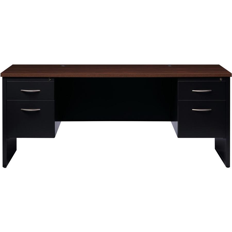 Lorell Walnut Laminate Commercial Steel Double-pedestal Credenza - 2-Drawer - 72" x 24" , 1.1" Top - 2 x Box, File Drawer(s) - Double Pedestal - Material: Steel - Finish: Walnut Laminate, Black. Picture 4