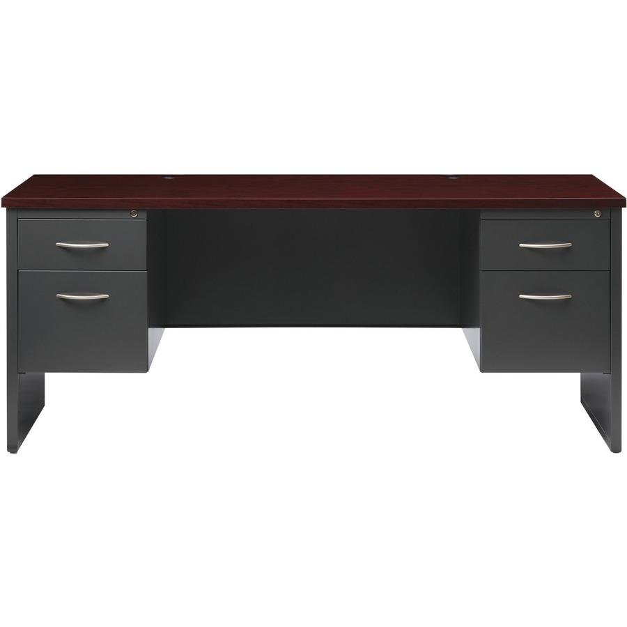 Lorell Fortress Modular Series Double-pedestal Credenza - 72" x 24" , 1.1" Top - 2 x Box, File Drawer(s) - Double Pedestal - Material: Steel - Finish: Mahogany Laminate, Charcoal - Scratch Resistant, . Picture 3