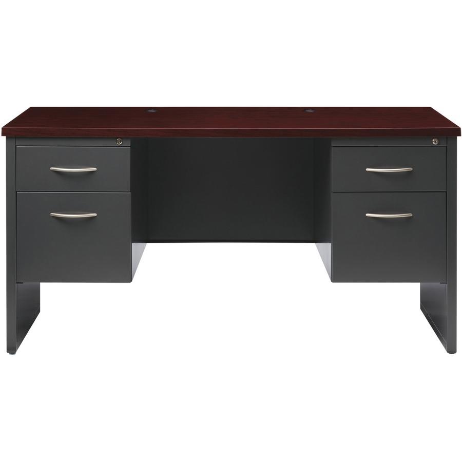 Lorell Fortress Modular Series Double-pedestal Credenza - 60" x 24" , 1.1" Top - 2 x Box, File Drawer(s) - Double Pedestal - Material: Steel - Finish: Mahogany Laminate, Charcoal - Scratch Resistant, . Picture 3