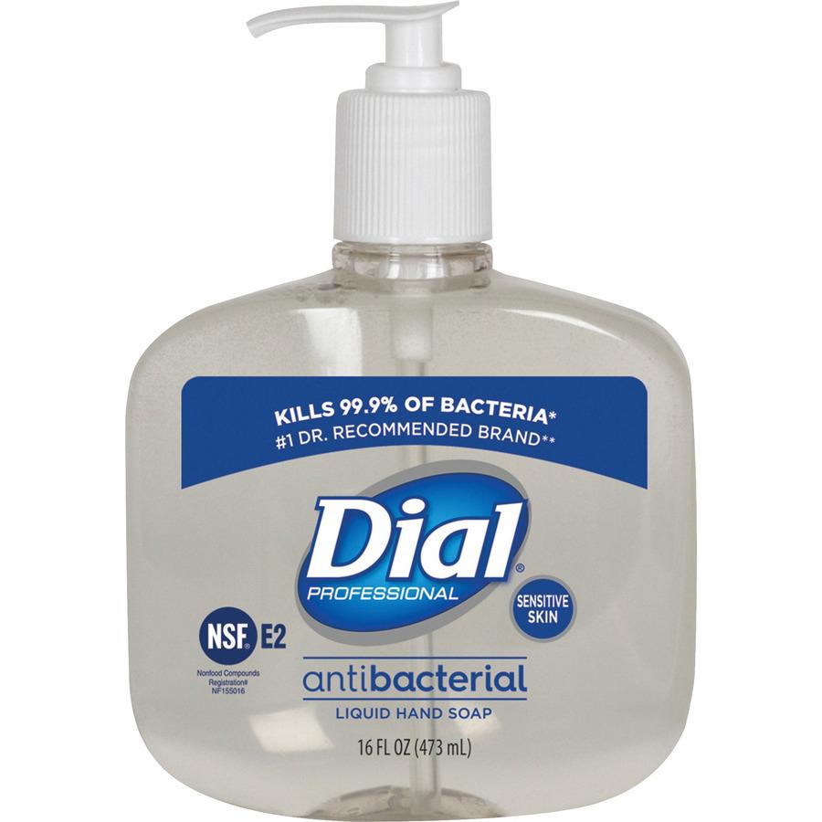 Dial Sensitive Skin Antibacterial Liquid Hand Soap - 16 fl oz (473.2 mL) - Pump Bottle Dispenser - Kill Germs - Skin, Hand - Antibacterial - Clear - 12 / Carton. Picture 3
