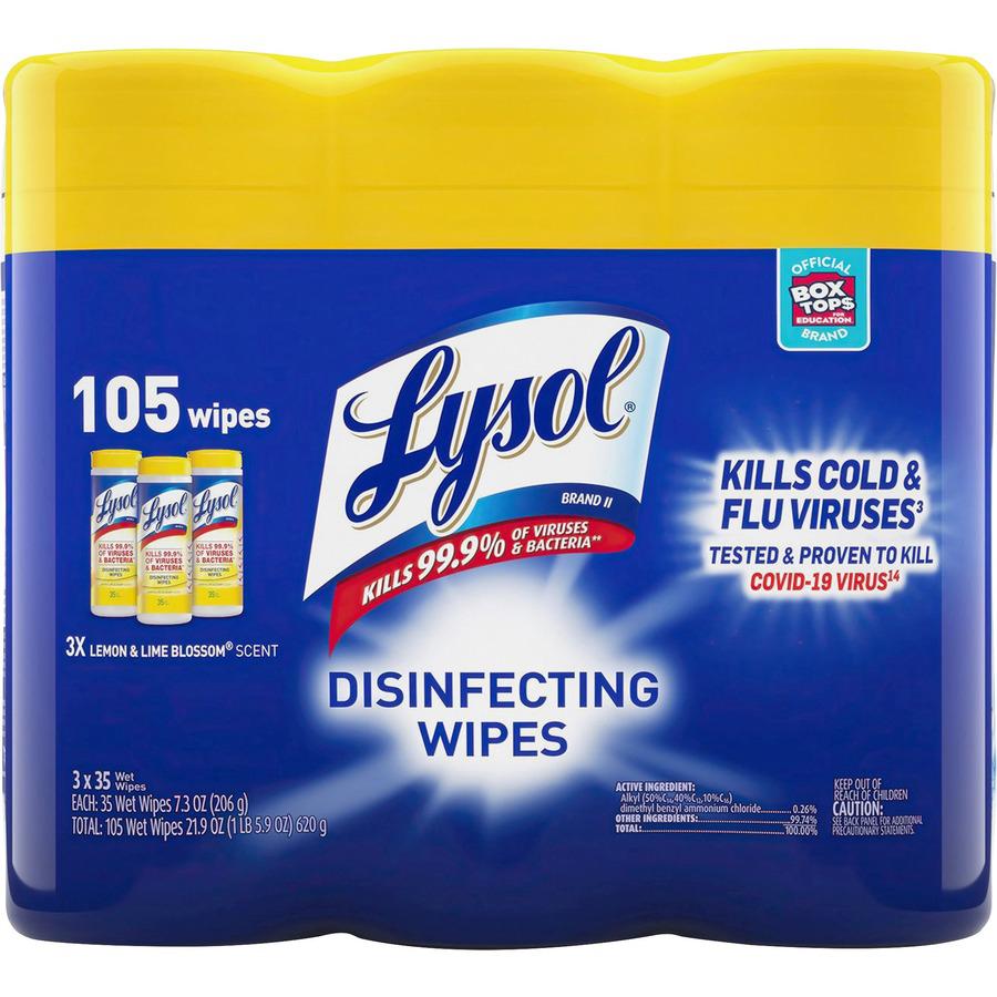 Lysol Disinfecting Wipes 3-pack - Lemon Scent - 35 / Canister - 12 / Carton - Disinfectant, Antibacterial - White. Picture 3