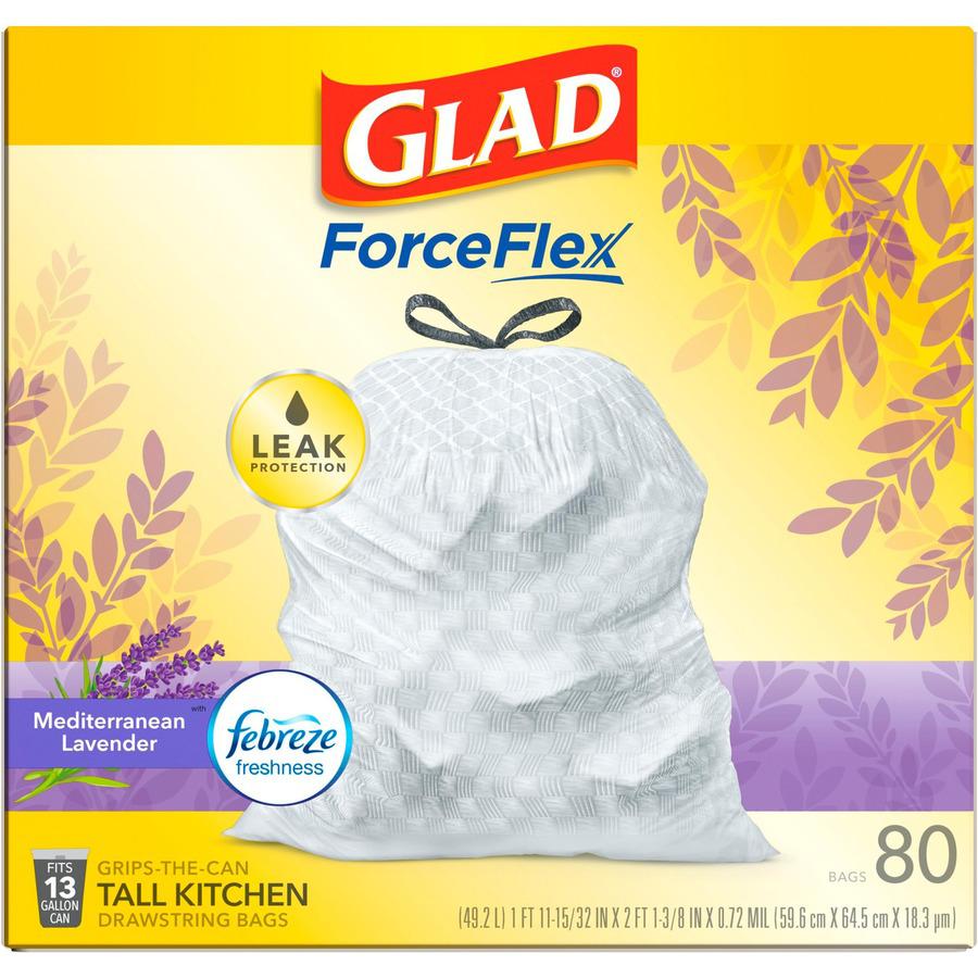 Glad ForceFlex Tall Kitchen Drawstring Trash Bags - Mediterranean Lavender with Febreze Freshness - 13 gal Capacity - 0.78 mil (20 Micron) Thickness - White - 80/Box - 80 Per Box - Garbage, Office, Ki. Picture 6