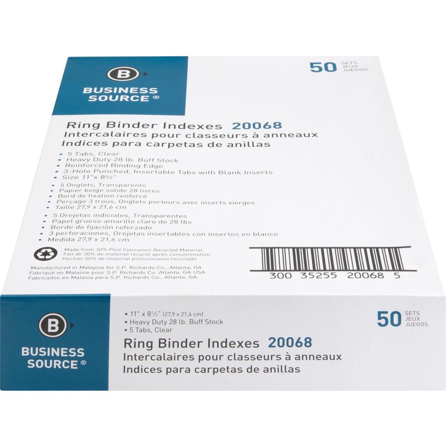 Business Source Buff Stock Ring Binder Indexes - 5 x Divider(s) - Blank Tab(s) - 5 Tab(s)/Set2" Tab Width - 8.5" Divider Width x 11" Divider Length - Letter - 3 Hole Punched - Buff Buff Paper Divider . Picture 6