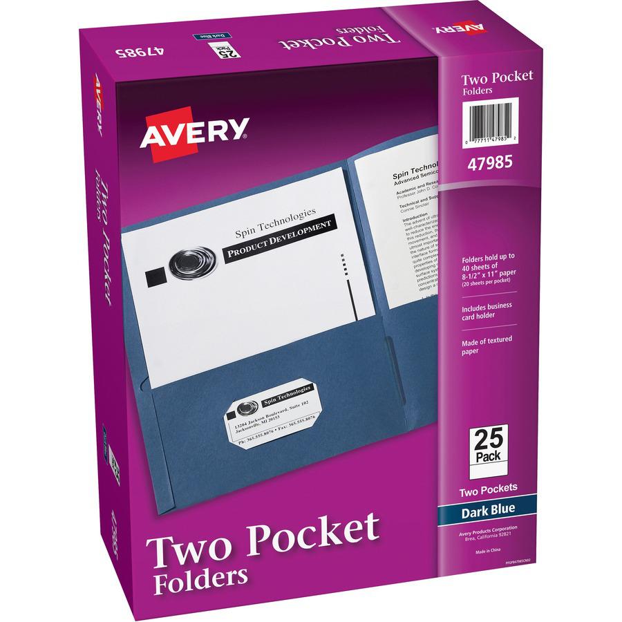 Avery&reg; Letter Pocket Folder - 8 1/2" x 11" - 40 Sheet Capacity - 2 Internal Pocket(s) - Embossed Paper - Dark Blue - 125 / Carton. Picture 3