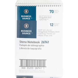 Business Source Steno Notebook - 70 Sheets - Wire Bound - Gregg Ruled Margin - 15 lb Basis Weight - 6" x 9" - Green Paper - Stiff-back - 12 / Pack. Picture 4