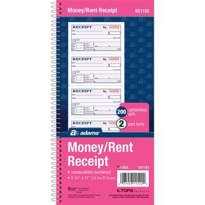 Adams Spiral 2-part Money/Rent Receipt Book - 200 Sheet(s) - Spiral Bound - 2 Part - 11" x 5.25" Form Size - White, Canary - Assorted Sheet(s) - 5 / Pack. Picture 5