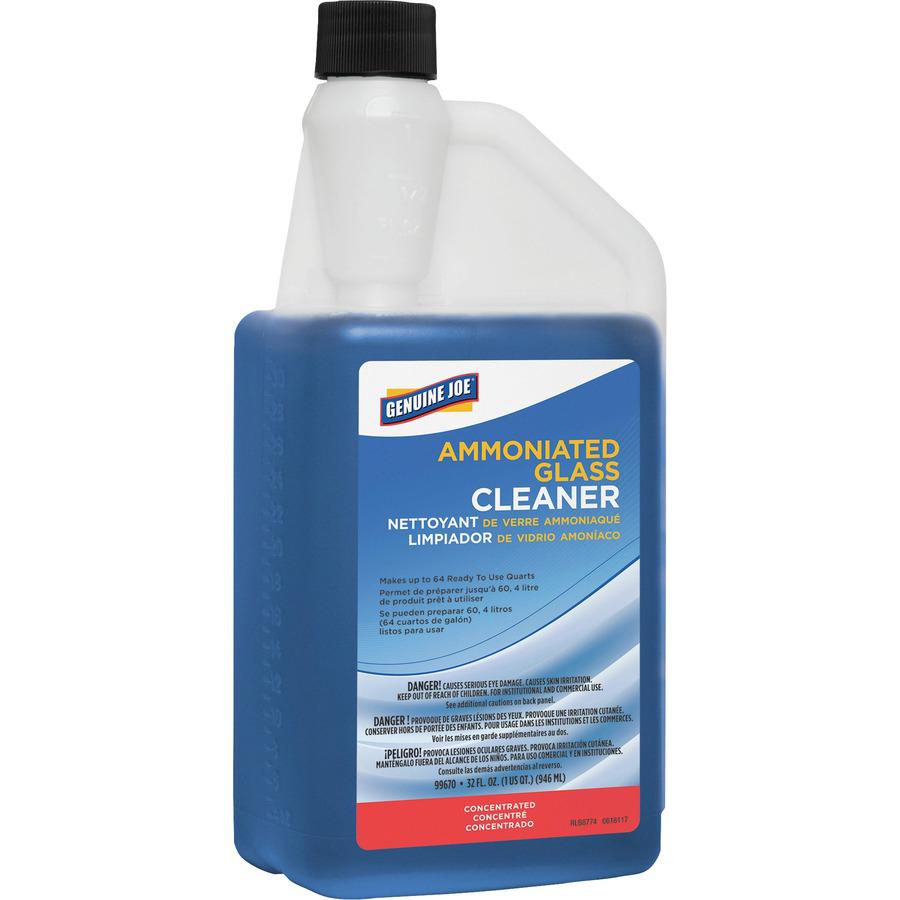 Genuine Joe Ammoniated Glass Cleaner - Concentrate Liquid - 32 fl oz (1 quart) - 6 / Carton - Blue. Picture 3