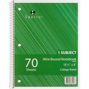 Sparco Wirebound Notebooks - 70 Sheets - Wire Bound - College Ruled - Unruled Margin - 16 lb Basis Weight - 8" x 10 1/2" - AssortedChipboard Cover - Subject, Stiff-cover, Stiff-back, Perforated, Hole-. Picture 8