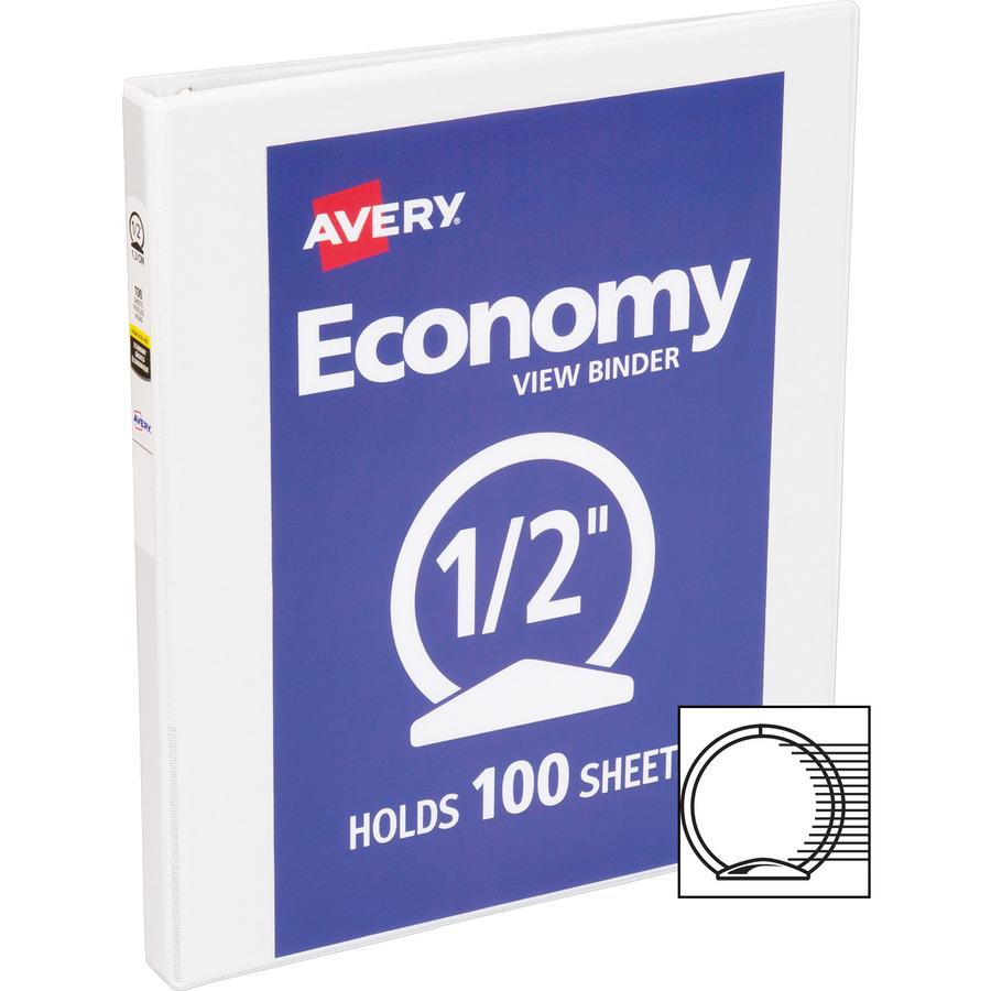 Avery&reg; Economy View Binder - 1/2" Binder Capacity - Letter - 8 1/2" x 11" Sheet Size - 100 Sheet Capacity - 3 x Round Ring Fastener(s) - 2 Internal Pocket(s) - Vinyl, Chipboard - White - 13.12 lb . Picture 4