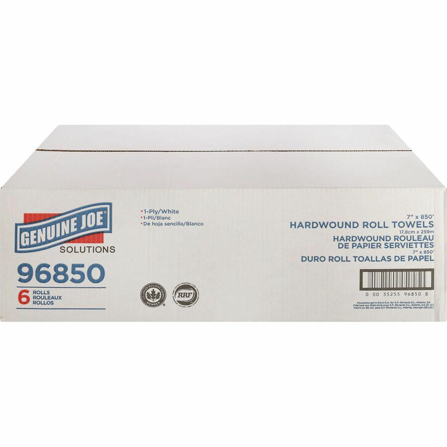 Genuine Joe Solutions Hardwound Paper Towels - 1 Ply - 7" x 850 ft - White - 390 / Pallet. Picture 4