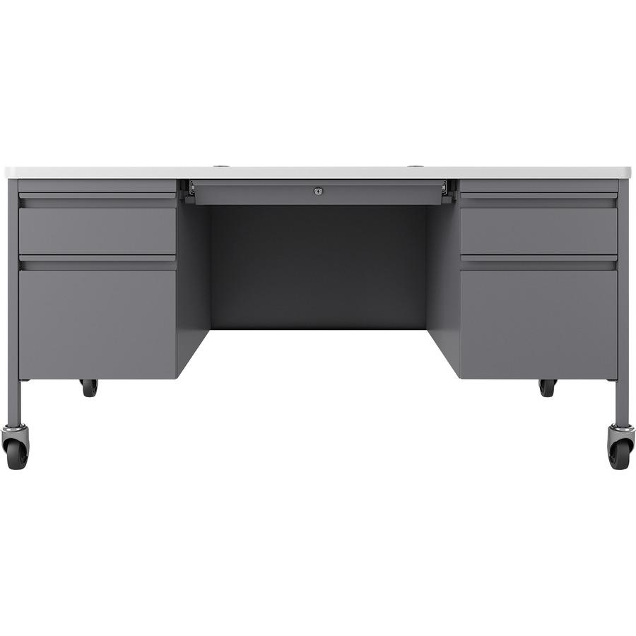 Lorell Fortress White/Platinum Steel Teachers Desk - 60" x 30" x 29.5" - Box Drawer(s), File Drawer(s) - Double Pedestal - T-mold Edge - Material: Steel Frame - Finish: Platinum Frame, White Laminate . Picture 3