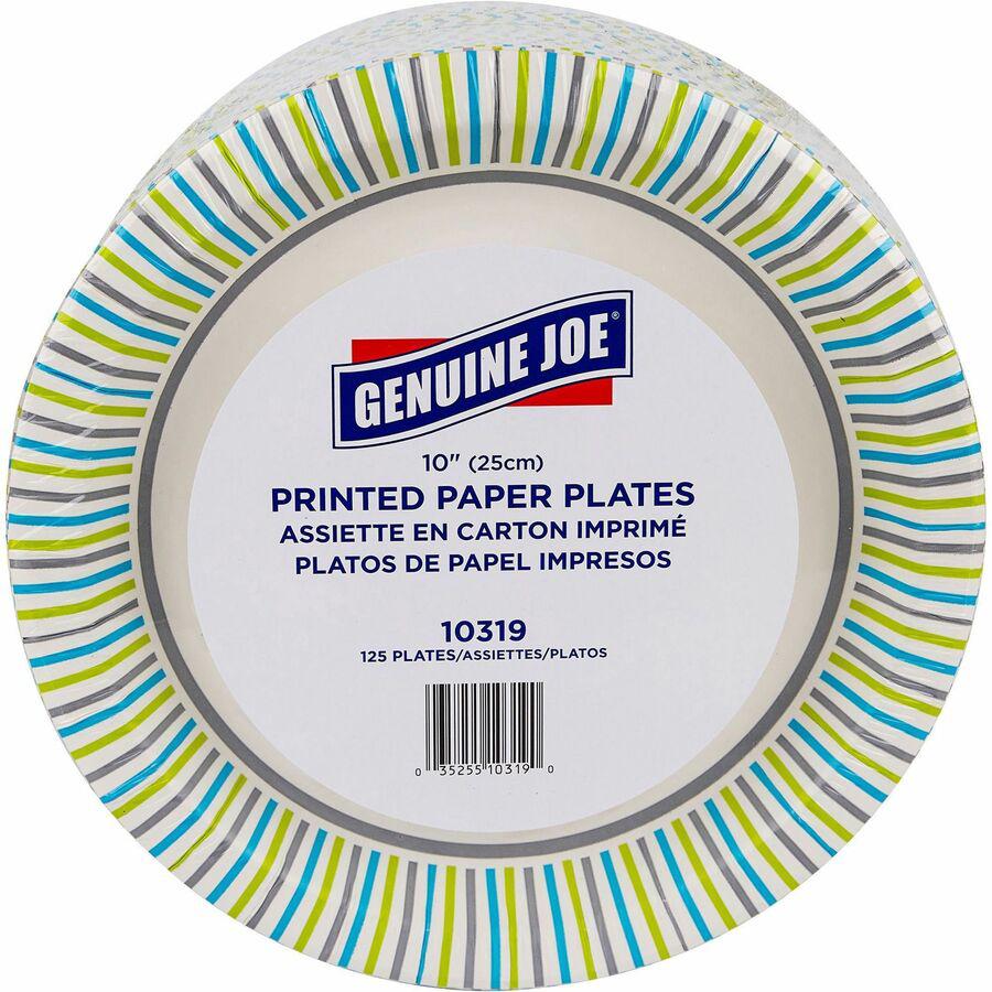 Genuine Joe 10" Printed Paper Plates - Disposable - 10" Diameter - Multi - 125 / Pack. Picture 4