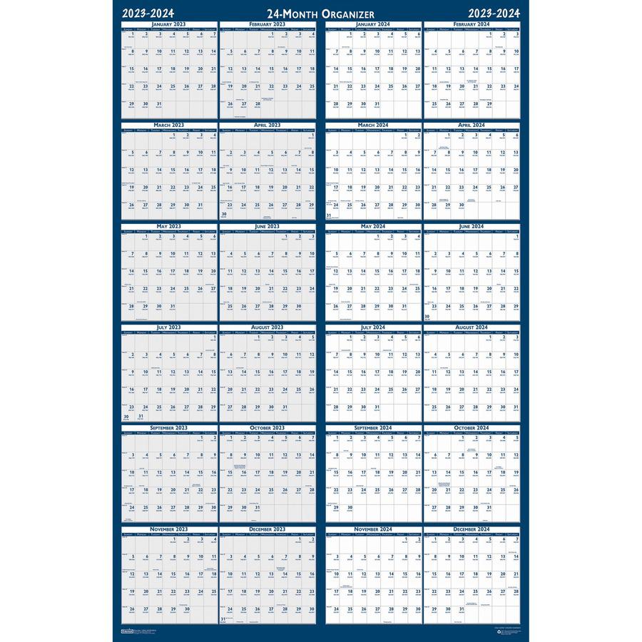 House of Doolittle 2 Year Wipe Off Classic Wall Calendar - Julian Dates - Yearly - 24 Month - January 2024 - December 2024 - 37" x 24" Sheet Size - Wire Bound - Blue - 6" Height - Laminated, Write on/. Picture 3