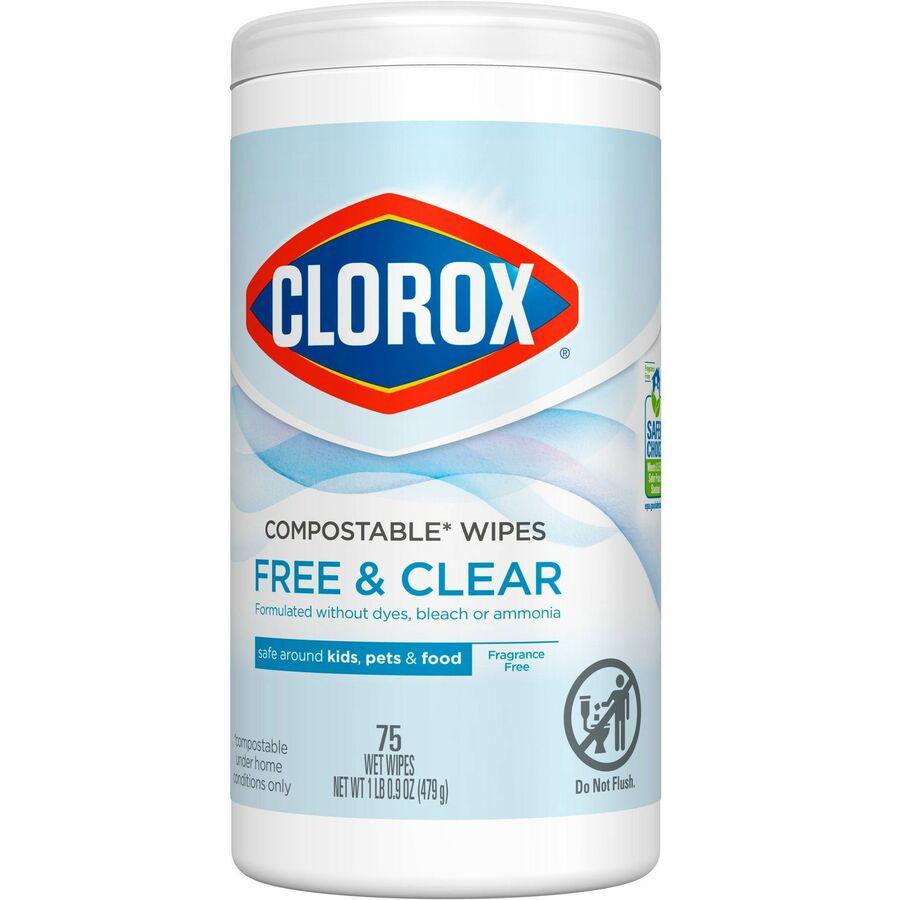 Clorox Free & Clear Compostable All Purpose Cleaning Wipes - 4.25" Length x 4.25" Width - 75.0 / Tub - 1 Each - Bleach-safe, Dye-free, Scent-free, Durable - White. Picture 6