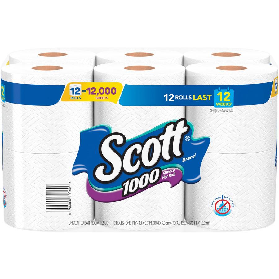 Scott 1000 1-ply 12Roll Bath Tissue - 1 Ply - 3.70" x 4.10" - 1000 Sheets/Roll - White - Absorbent - For Bathroom, Office Building, Public Facilities, School - 12 / Each. Picture 2