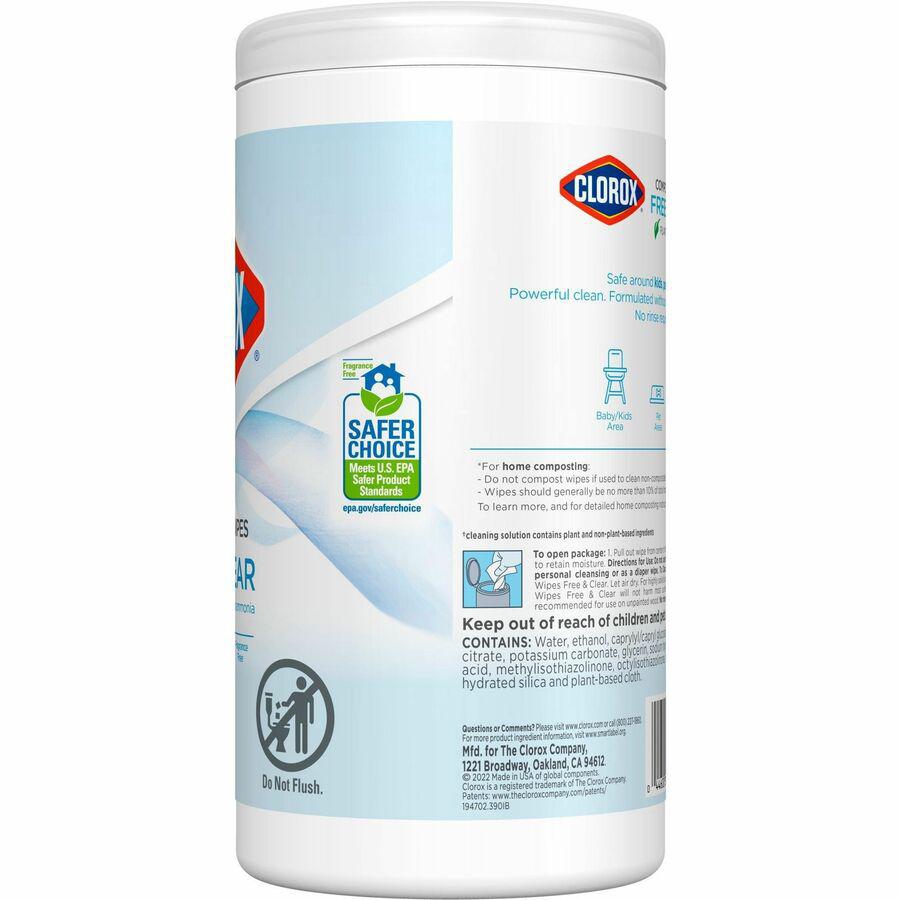 Clorox Free & Clear Compostable All Purpose Cleaning Wipes - 4.25" Length x 4.25" Width - 75 / Tub - 6 / Carton - Bleach-safe, Dye-free, Scent-free, Durable, Residue-free - White. Picture 6