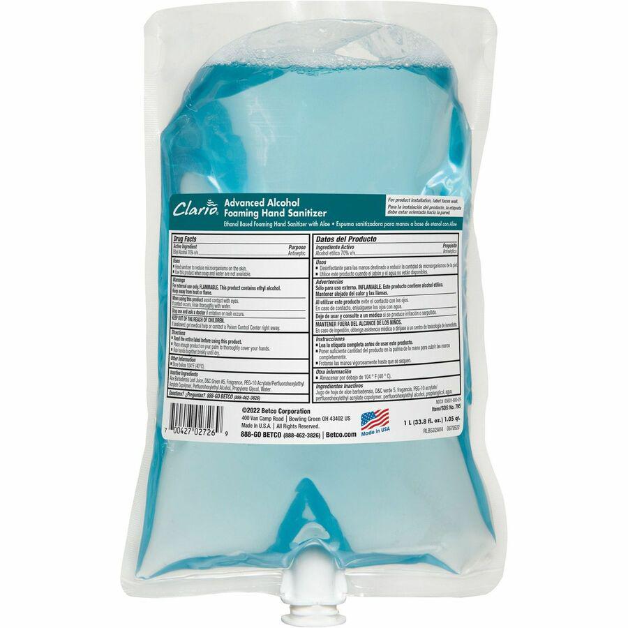 Betco Advanced Hand Sanitizer Foam Refill - Citrus Scent - 33.8 fl oz (1000 mL) - Kill Germs - Hand - Moisturizing - Light Blue - Residue-free, Anti-irritant, Non-drying, Non-sticky - 6 / Carton. Picture 3