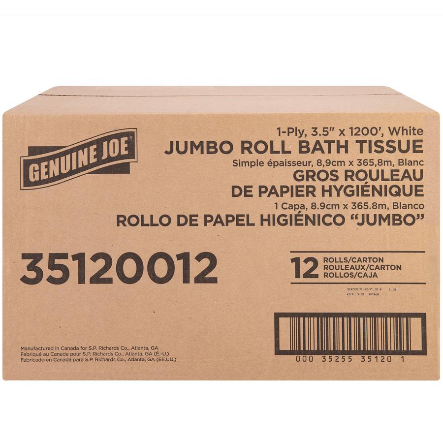 Genuine Joe 1-ply Jumbo Roll Bath Tissue - 1 Ply - 3.63" x 1200 ft - 8.88" Roll Diameter - White - Fiber - 12 / Carton. Picture 6