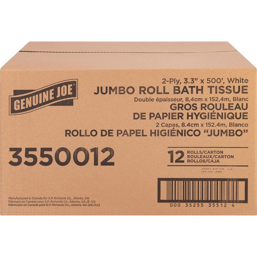 Genuine Joe Jumbo Jr Dispenser Bath Tissue Roll - 2 Ply - 3.30" x 500 ft - 8.88" Roll Diameter - White - Fiber - 12 / Carton. Picture 3