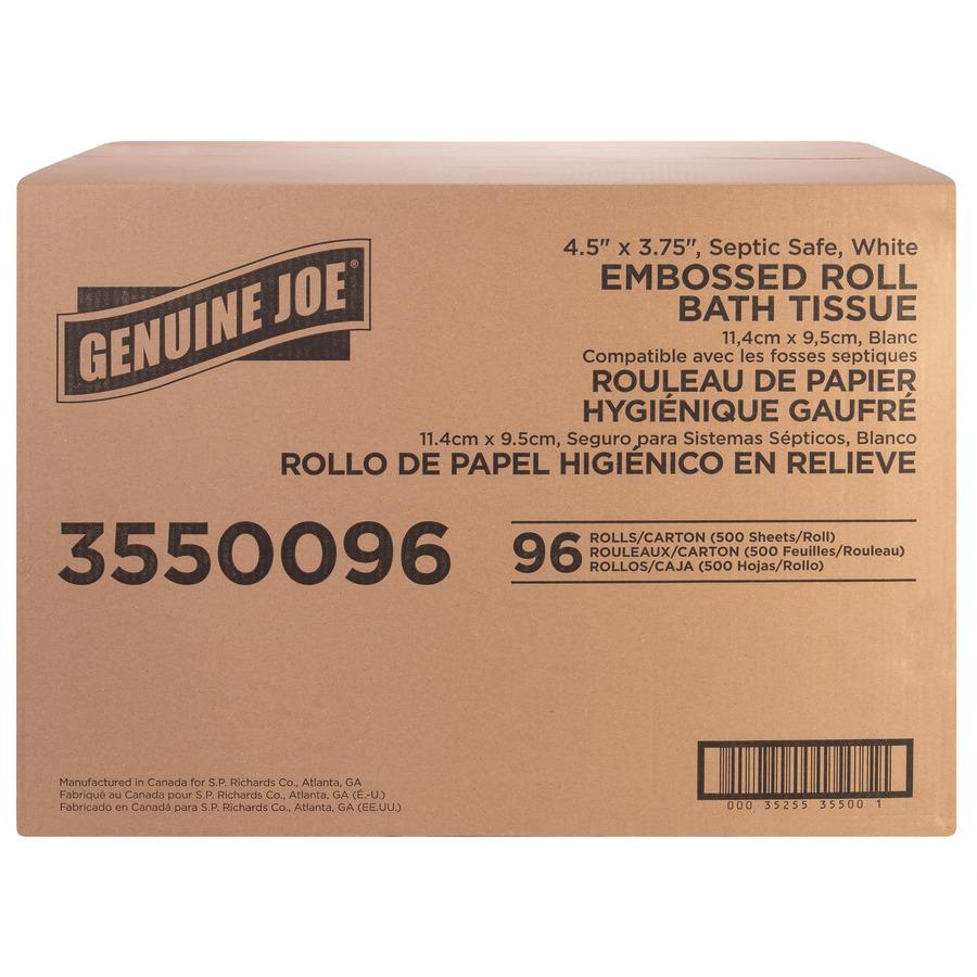 Genuine Joe 2-ply Bath Tissue - 2 Ply - 4.50" x 3.80" - 500 Sheets/Roll - White - Fiber - 96 / Carton. Picture 3