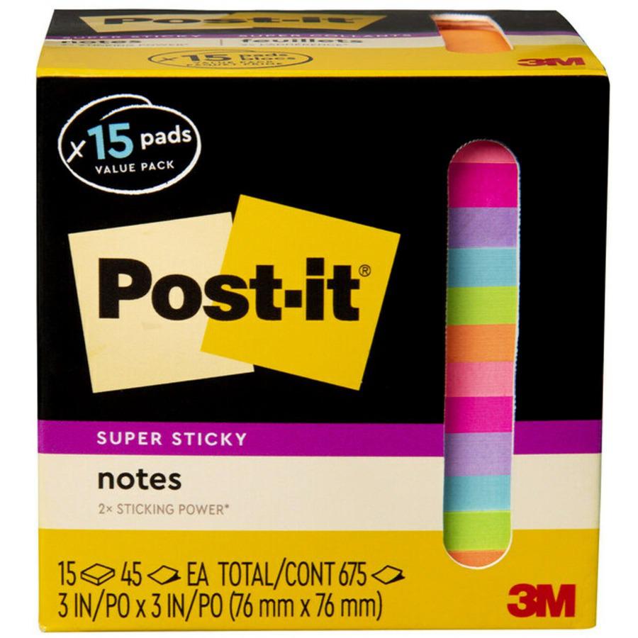 Post-it&reg; Super Sticky Notes - 15 - 3" x 3" - Square - 45 Sheets per Pad - Neon Orange, Tropical Pink, Power Pink, Iris, Blue Paradise, Neon Green Limeade - Adhesive, Recyclable - 15 / Pack. Picture 4