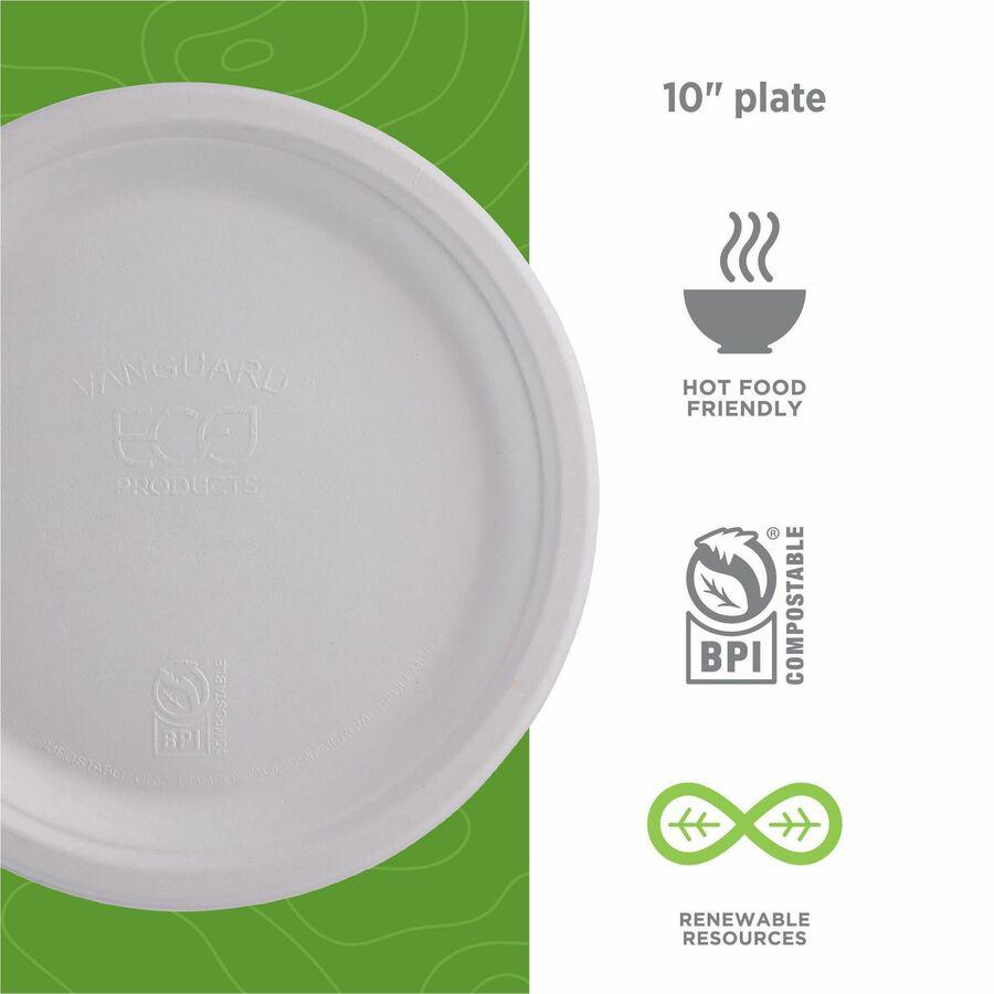 Eco-Products Vanguard 10" Sugarcane Plates - Breakroom - Disposable - Microwave Safe - 10" Diameter - White - Sugarcane Fiber Body - 500 / Carton. Picture 4