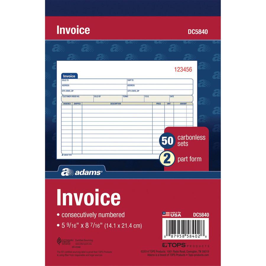Adams Carbonless Invoice Book - Tape Bound - 2 PartCarbonless Copy - 7.93" x 5.56" Sheet Size - 2 x Holes - White, Canary - Assorted Sheet(s) - 1 Each. Picture 6