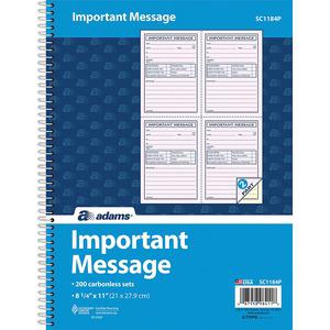 Adams Carbonless Important Message Pad - 200 Sheet(s) - Spiral Bound - 2 PartCarbonless Copy - 8.50" x 11" Sheet Size - Assorted Sheet(s) - 1 Each. Picture 2